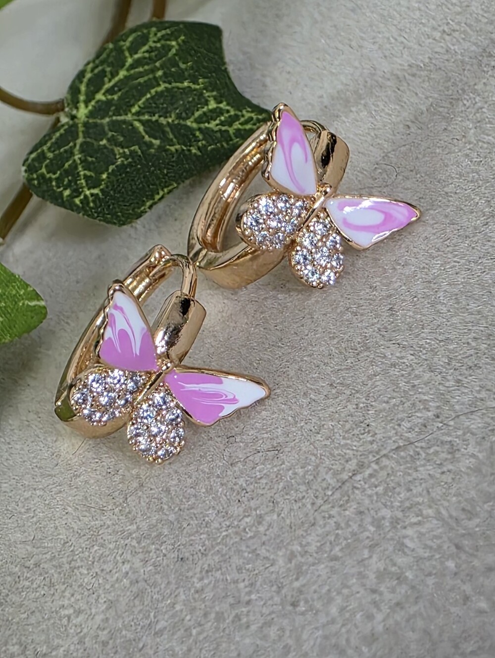 Gold Filled Huggie Hoop Earrings Pink Enamel Butterfly Pave Crystal